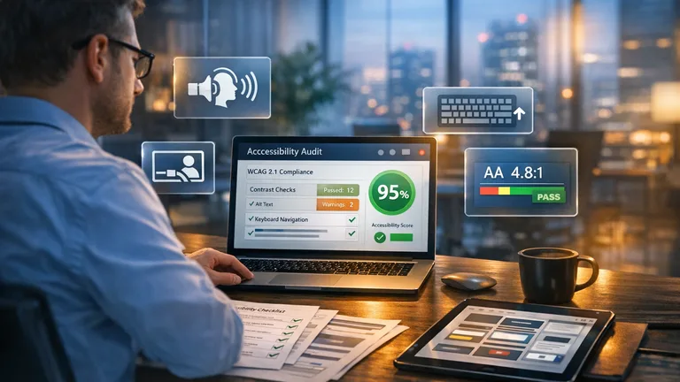 Barrierefreie Website BFSG – Laptop mit Accessibility-Prüfung und WCAG-Richtlinien