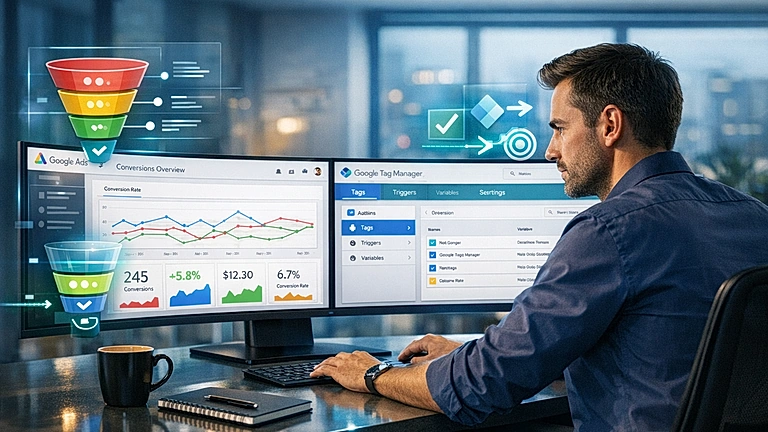 Google Ads Conversion Tracking GTM – Dashboard mit Conversion-Daten und Tag Manager