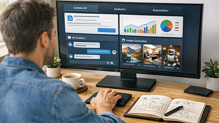 KI Tools für Unternehmen 2026 – Dashboard mit verschiedenen AI-Anwendungen