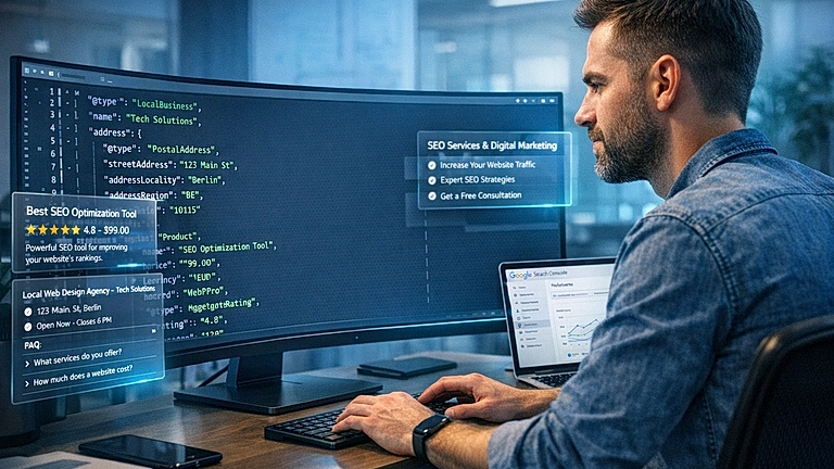 Schema Markup Website – strukturierte Daten als JSON-LD Code auf einem Monitor