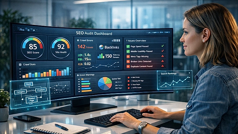 SEO Audit Checkliste – professionelle Website-Analyse am Bildschirm