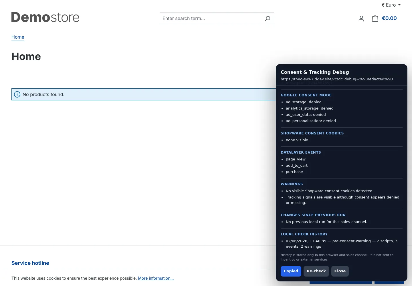 Das Overlay in der Storefront: Consent-Status, Google Consent Mode, dataLayer-Ereignisse und Warnungen