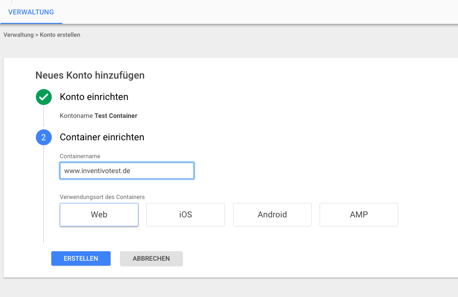 Container anlegen zweiter Schritt