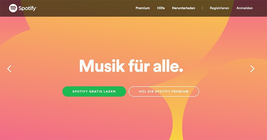 Beispiel spotify.com: Fette Schriften und grelle Farben.