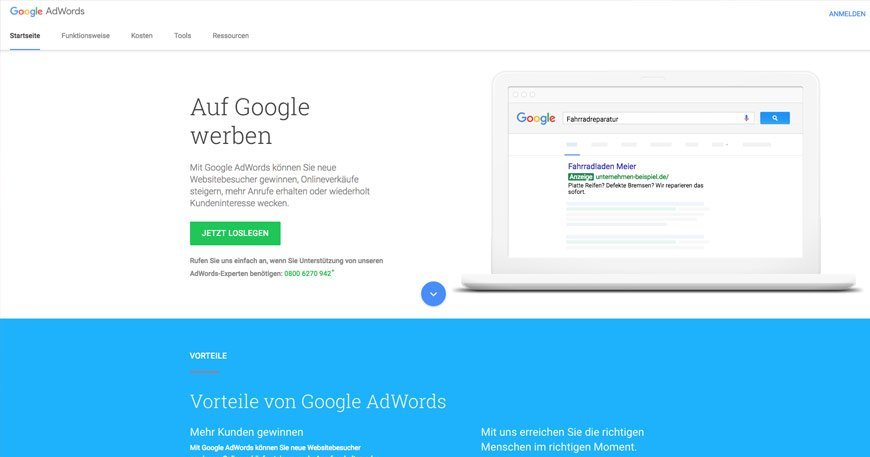 AdWords Startseite mit Whitespace