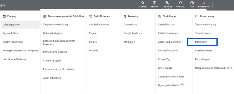 Rechnung in Google Ads herunterladen
