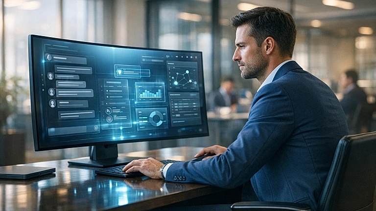 ChatGPT im Unternehmen einsetzen – Business-Professional arbeitet mit KI-Interface