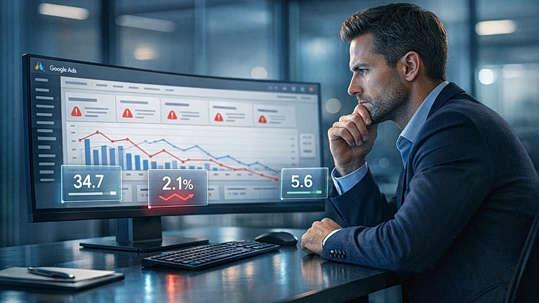 Google Ads Fehler vermeiden – Dashboard-Analyse am Bildschirm mit Kampagnendaten
