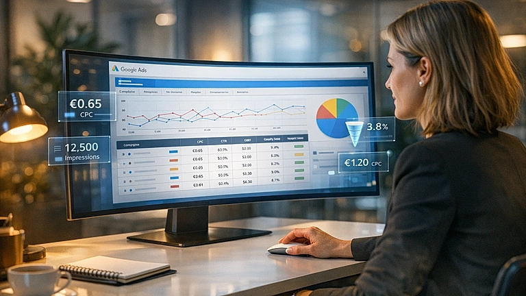 SEO oder Google Ads Vergleich – Unternehmer analysiert Online-Marketing-Strategie am Bildschirm