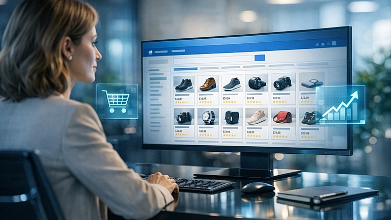 Google Shopping Ads einrichten – Produktanzeigen auf einem Bildschirm im Büro