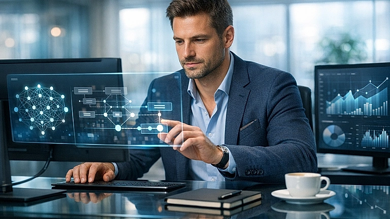 KI Beratung Unternehmen – Berater analysiert KI-Strategie am modernen Arbeitsplatz