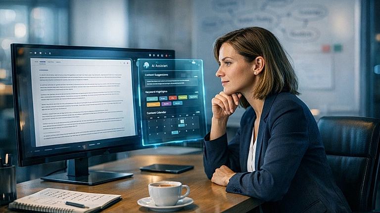 KI Content Erstellung Unternehmen – Marketing-Team arbeitet mit KI-Tools an Texten