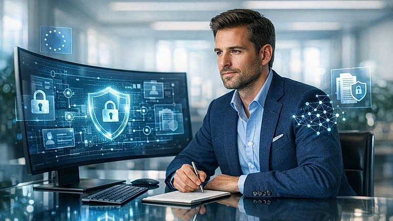 KI Datenschutz DSGVO – Unternehmer prüft KI-Compliance am Bildschirm