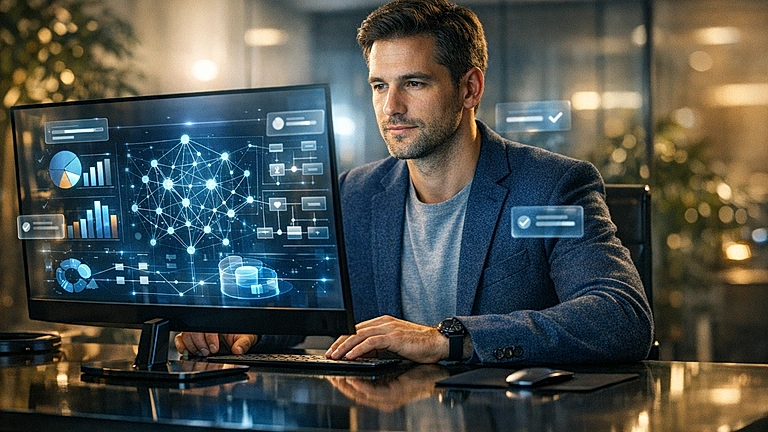 KI für Unternehmen Einstieg – Geschäftsperson arbeitet mit KI-Dashboard am Schreibtisch