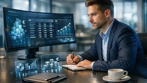 KI Kosten Unternehmen – Business-Professioneller analysiert KI-Budget am modernen Arbeitsplatz