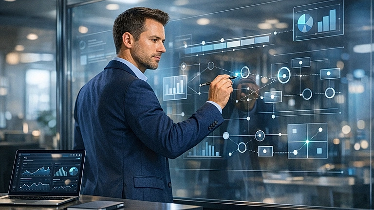 KI-Strategie Mittelstand – Geschäftsführer plant KI-Integration am digitalen Whiteboard