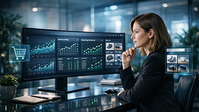 SEO für Online-Shops – Dashboard mit E-Commerce-Kennzahlen und Ranking-Daten
