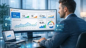 Google Analytics 4 einrichten – Dashboard mit Echtzeit-Daten auf modernem Monitor
