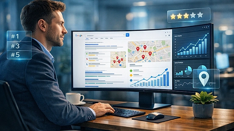 Online Sichtbarkeit KMU – Unternehmer analysiert digitale Präsenz am Bildschirm