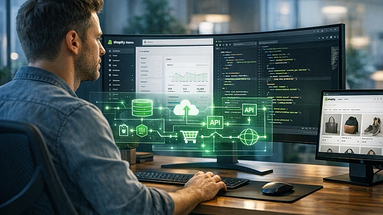 Shopify App entwickeln lassen – Entwickler arbeitet an Custom App mit Shopify Admin