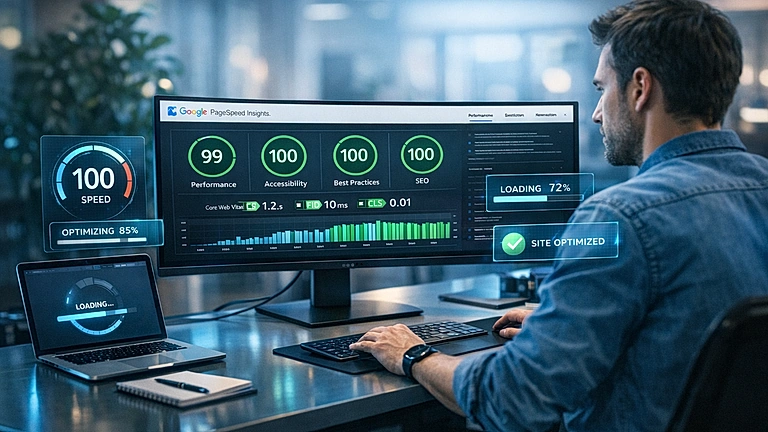 Website Ladezeit optimieren – Performance-Analyse auf modernem Monitor