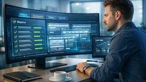 Website Relaunch Checkliste – Profi prüft Punkte vor dem Go-Live am Bildschirm
